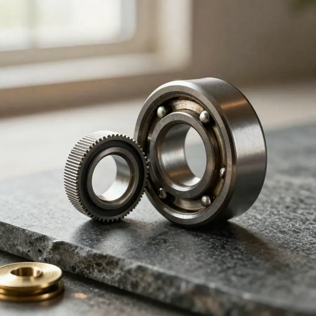 Makro von Lagergehäuse, Rändelschrauben und Dichtung auf Stein, kalt und technisch.