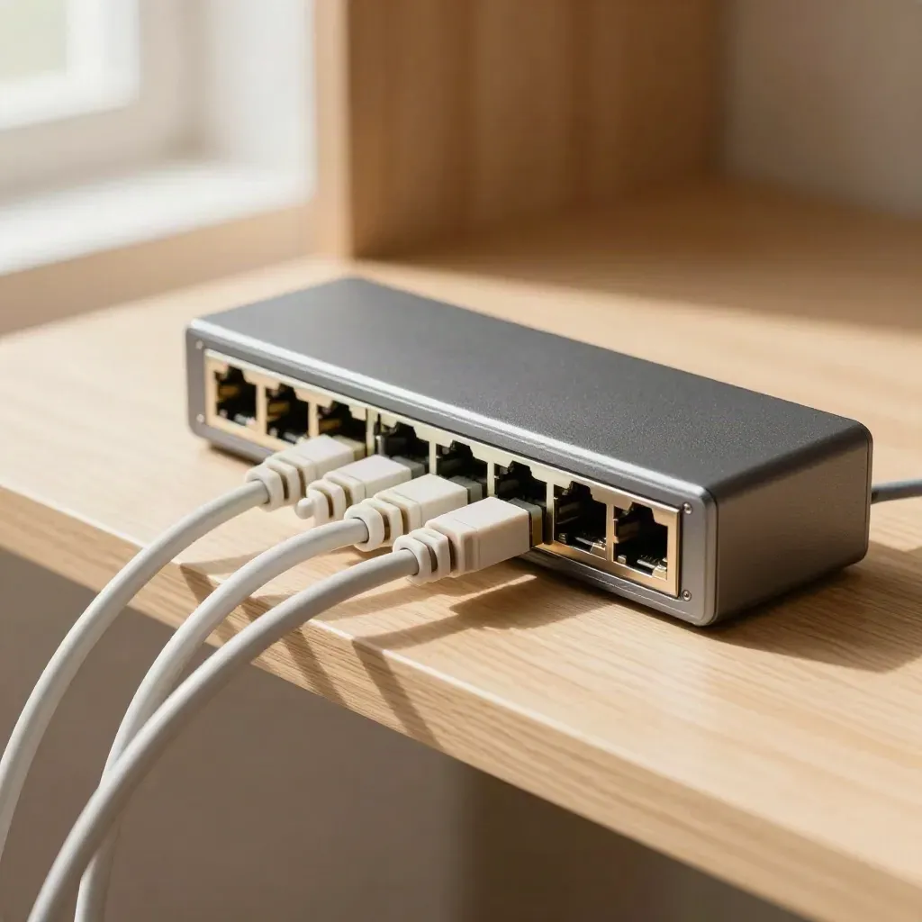 Netzwerk-Switch mit Patchkabeln und Kabelkamm auf hellem Holz im Editorial-Stil